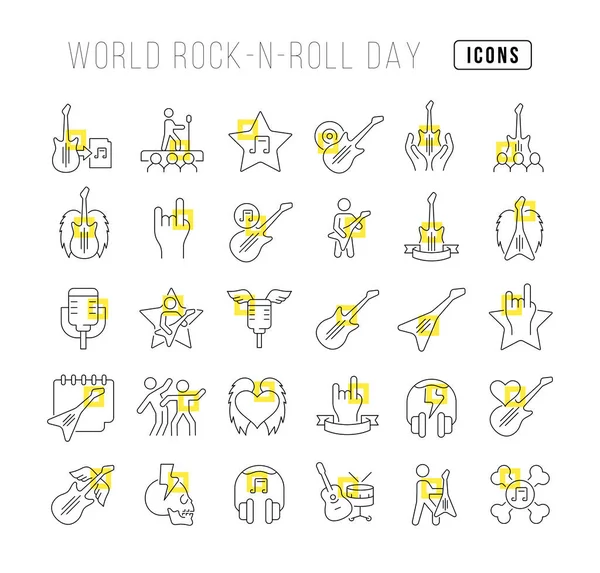 Set Garis Vektor Ikon Tipis Dunia Rock Roll Hari Dalam - Stok Vektor
