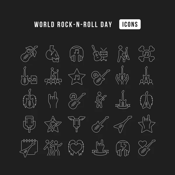 Establezca Iconos Delgados Línea Vectorial Del Día Mundial Del Rock — Vector de stock