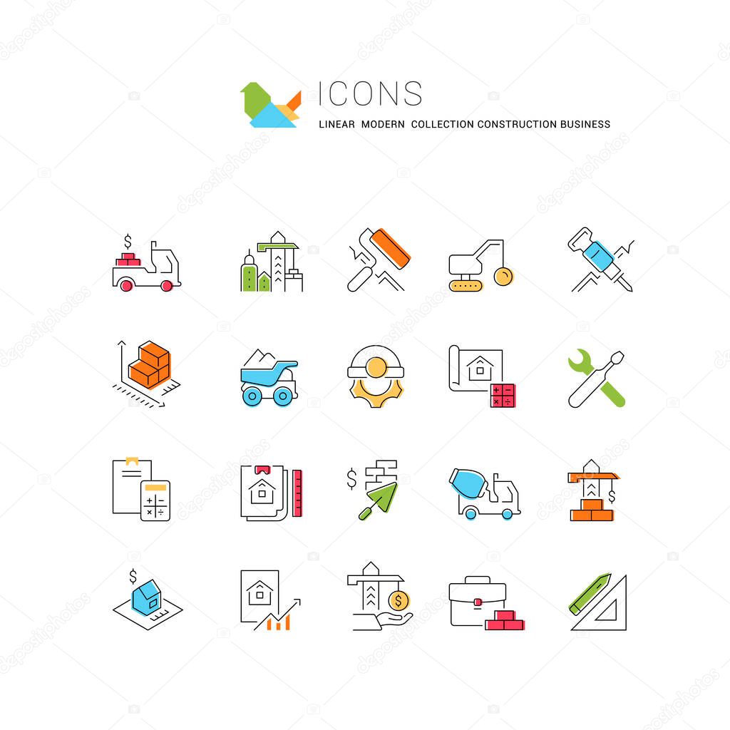 Set of vector line icons of construction business for modern concepts, web and apps.