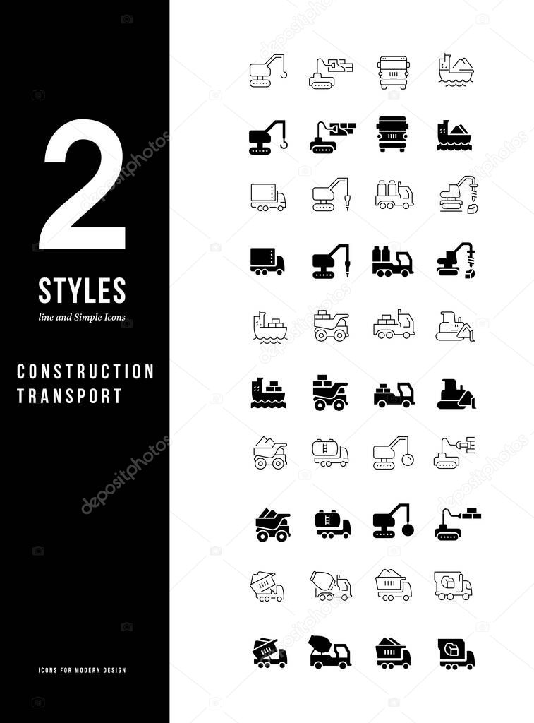 Collection simple and linear icons of construction transport on a white background. Modern black and white signs for websites, mobile apps, and concepts