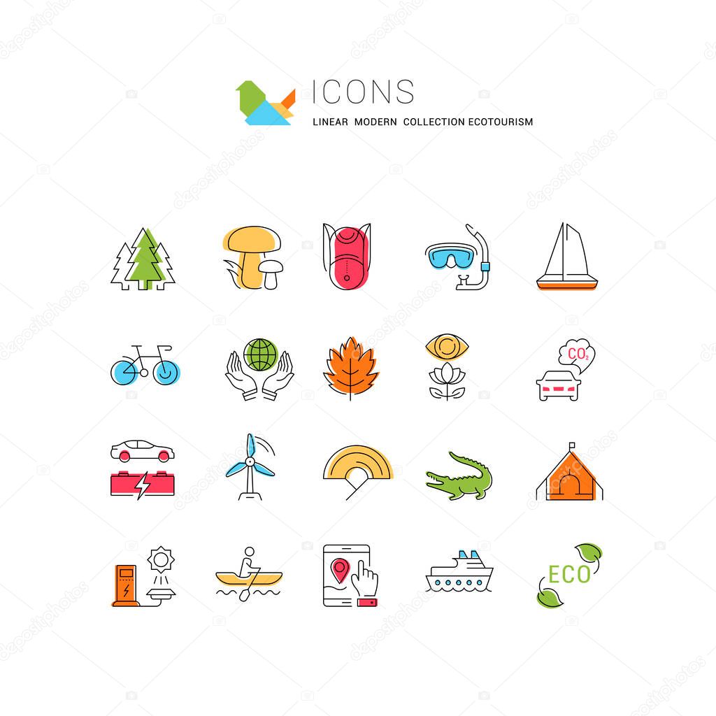 Set vector line icons in flat design eco, ecotourism and recycle with elements for mobile concepts and web apps. Collection modern infographic logo and pictogram.