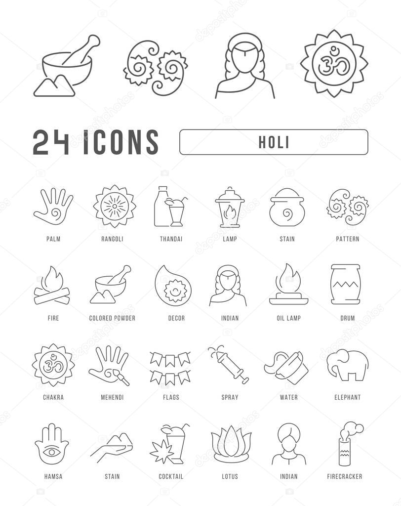 Set vector line thin icons of holi in linear design for mobile concepts and web apps. Collection modern infographic pictogram and signs.