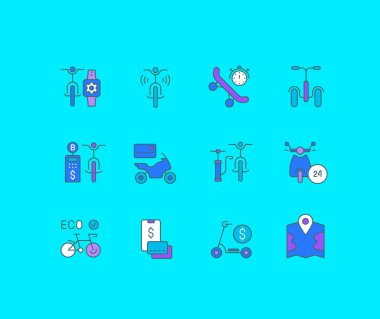 Mavi arka planda bisiklet paylaşımının basit simgelerini toplamak. Web siteleri, mobil uygulamalar ve kavramlar için modern renk işaretleri