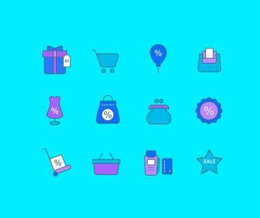 Mavi arka planda basit siyah cuma simgeleri koleksiyonu. Web siteleri, mobil uygulamalar ve kavramlar için modern renk işaretleri