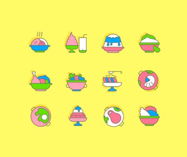 Sarı arkaplanda basit yemek ikonları biriktir. Web siteleri, mobil uygulamalar ve kavramlar için modern renk işaretleri