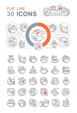 Modern kavramlar, web ve uygulamalar için çanak antenlerin düz elemanları olan vektör çizgisi simgeleri, işaret ve semboller. Bilgi grafikleri logoları ve piktogramlar koleksiyonu.