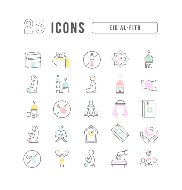 Taşınabilir kavramlar ve web uygulamaları için doğrusal tasarım için Kurban Bayramı 'nın ince vektör çizgisi simgelerini ayarlayın. Koleksiyon modern infografik resim ve işaretler.