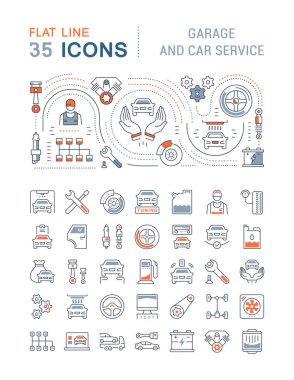 Set of vector line icons, sign and symbols with flat elements of garage and car service for modern concepts, web and apps. Collection of infographics logos and pictograms. clipart