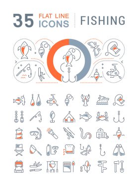 Düz tasarım balıkçılıkta mobil kavramlar ve web uygulamaları için elementler içeren vektör çizgisi simgeleri, işaret ve sembolleri ayarlayın. Koleksiyon modern bilgi logosu ve pictogram.