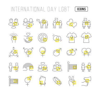 Mobil kavramlar ve web uygulamaları için doğrusal tasarım için uluslararası gün LGBT 'nin vektör çizgisi ince simgelerini ayarlayın. Koleksiyon modern infografik resim ve işaretler.