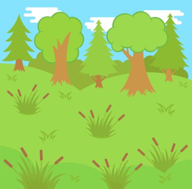 Kedi teknede balık yakalıyor. Kedi ve güneşli manzaranın çocuk tasviri.