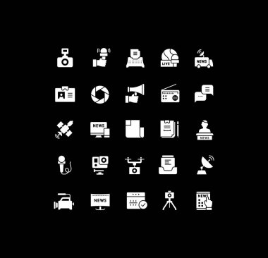 Siyah arkaplanda basit haber simgeleri koleksiyonu. Web siteleri, mobil uygulamalar ve kavramlar için modern beyaz işaretler