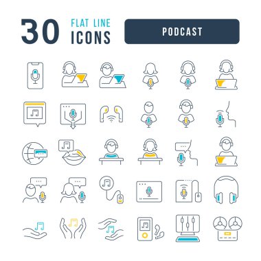 Mobil kavramlar ve web uygulamaları için doğrusal tasarım için podcast 'in ince vektör çizgisi simgelerini ayarlayın. Koleksiyon modern infografik resim ve işaretler.