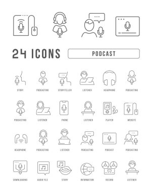 Mobil kavramlar ve web uygulamaları için doğrusal tasarım için podcast 'in ince vektör çizgisi simgelerini ayarlayın. Koleksiyon modern infografik resim ve işaretler.