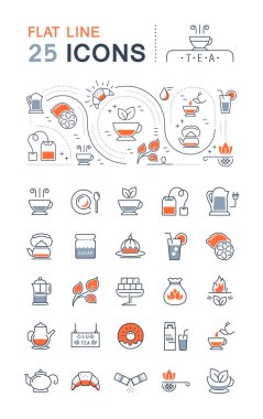 Mobil kavramlar ve web uygulamaları için elementlerle düz tasarım çay ve kahvaltıda vektör çizgisi simgelerini ayarlayın. Koleksiyon modern bilgi logosu ve pictogram.