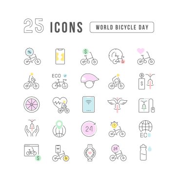 Gezici kavramlar ve web uygulamaları için doğrusal tasarım için dünya bisiklet gününün vektör çizgisi ikonlarını ayarlayın. Koleksiyon modern infografik resim ve işaretler.