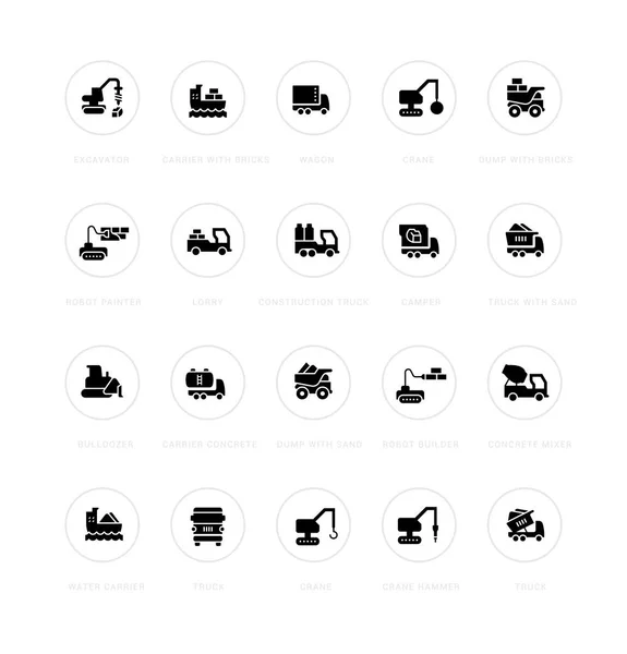 Sammlung Einfacher Ikonen Des Bautransports Auf Weißem Hintergrund Mit Namen — Stockvektor