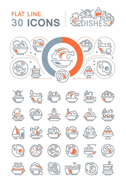 Set Vector Line Icons Sign Symbols Flat Elements Dishes Modern — Stock Vector