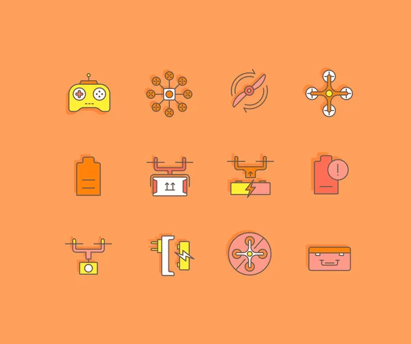 Sammlung Einfacher Drohnen Symbole Auf Orangefarbenem Hintergrund Moderne Farbschilder Für — Stockvektor