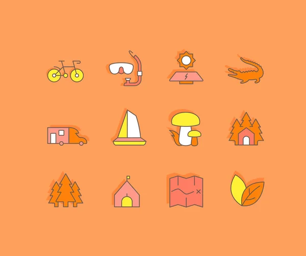 Sammlung Einfacher Symbole Des Ökotourismus Auf Orangefarbenem Hintergrund Moderne Farbschilder — Stockvektor