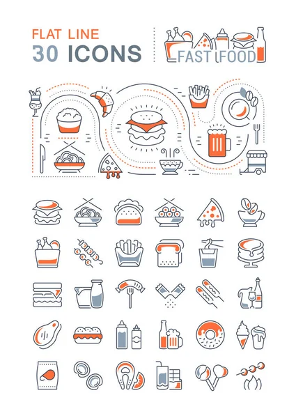 Set Aus Vektorzeilensymbolen Zeichen Und Symbolen Mit Flachen Fast Food — Stockvektor