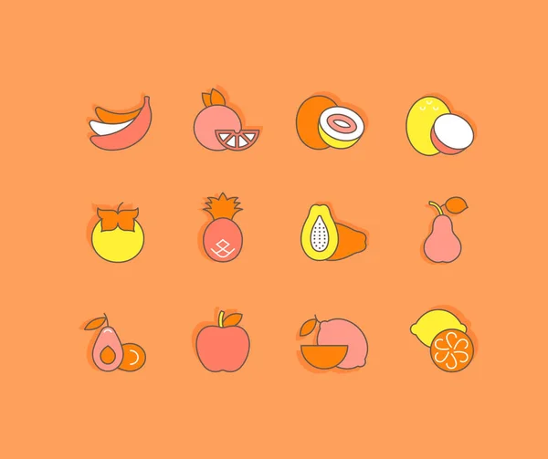 在橙色背景下收集简单的水果图标 移动应用程序和概念的现代彩色标志 — 图库矢量图片