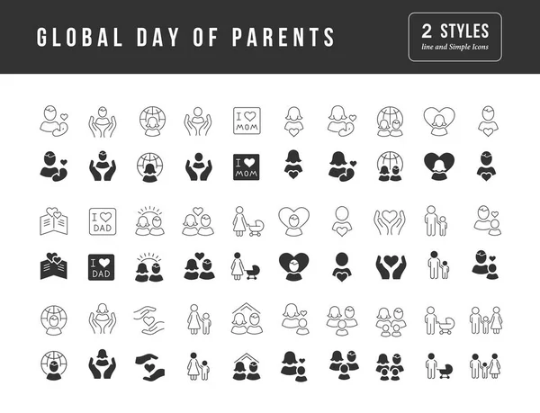 Colección Iconos Vectoriales Blanco Negro Del Día Global Los Padres — Vector de stock