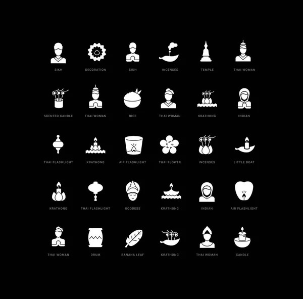 Sammlung Von Vektor Schwarz Weiß Icons Von Loi Krathong Einfachem — Stockvektor