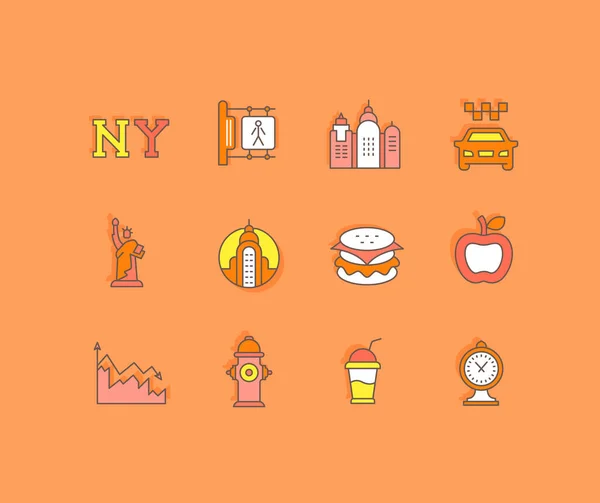 Sammlung Einfacher Symbole Von New York Auf Orangefarbenem Hintergrund Moderne — Stockvektor