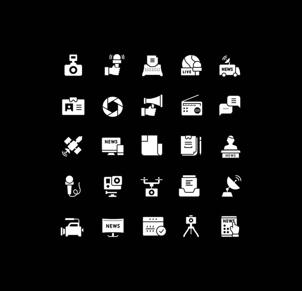 Samla Enkla Ikoner Nyheter Svart Bakgrund Moderna Vita Skyltar För — Stock vektor