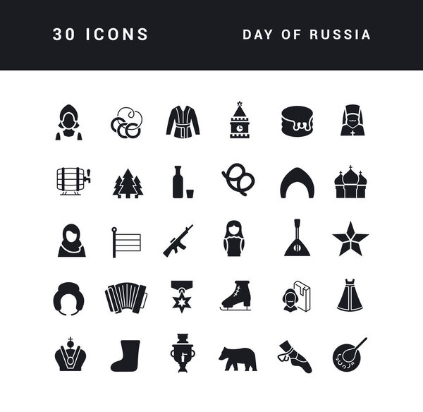 Коллекция векторных черно-белых икон дня России в простом дизайне для мобильных концепций, веб и приложений. Установите современные логотипы и пиктограммы.