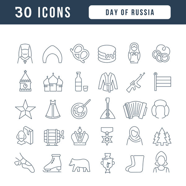 Установите векторные линии тонких иконок дня России в линейном дизайне для мобильных концепций и веб-приложений. Коллекция современной инфографической пиктограммы и знаков.