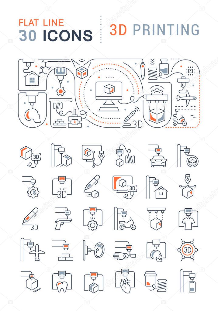 Set of vector line icons, sign and symbols with flat elements of 3d printing for modern concepts, web and apps. Collection of infographics logos and pictograms.