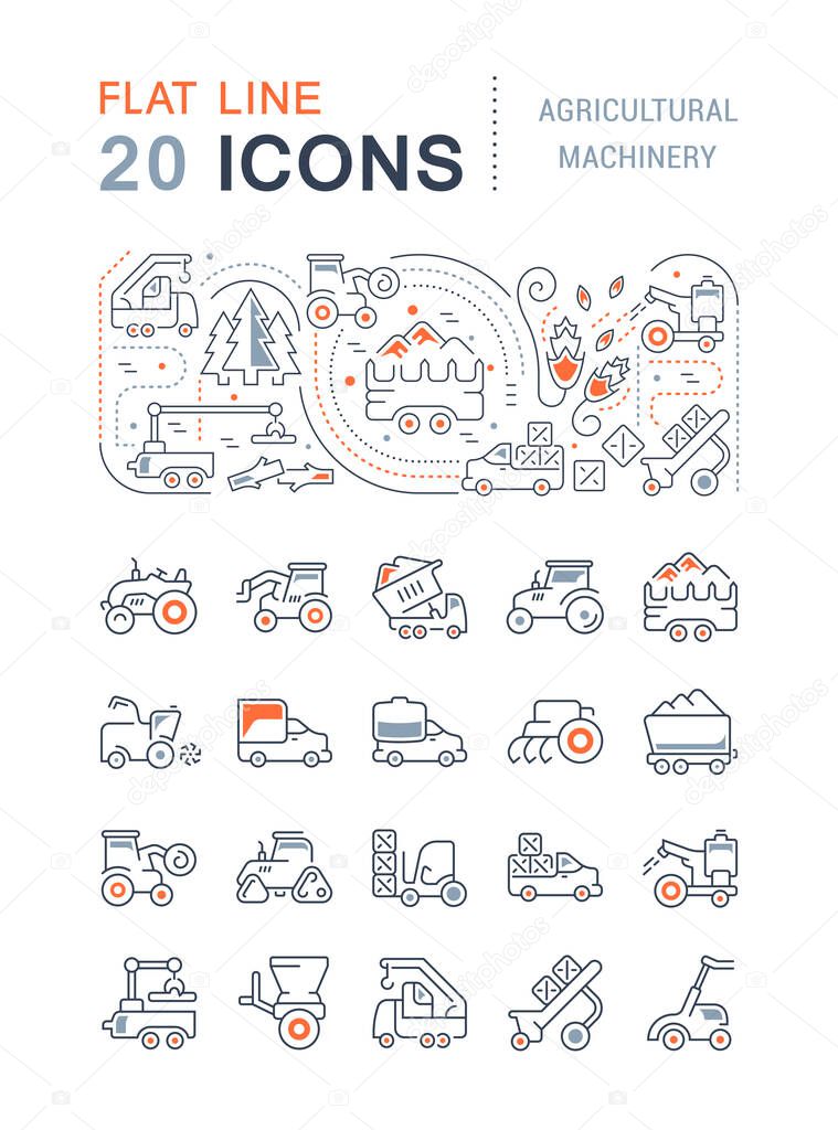 Set of vector line icons, sign and symbols with flat elements of agricultural machinery for modern concepts, web and apps. Collection of infographics logos and pictograms.