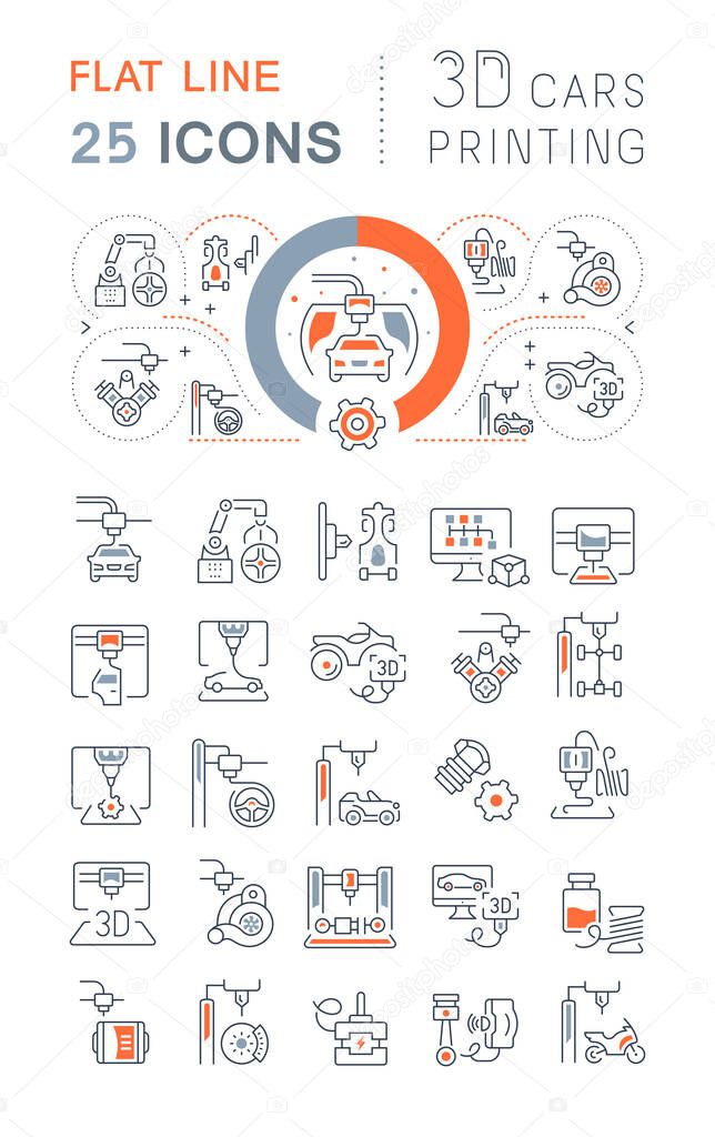 Set of vector line icons of 3D Cars Printing for modern concepts, web and apps.