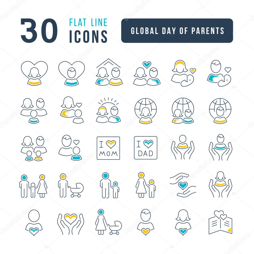 Set vector line thin icons of global day of parents in linear design for mobile concepts and web apps. Collection modern infographic pictogram and signs.