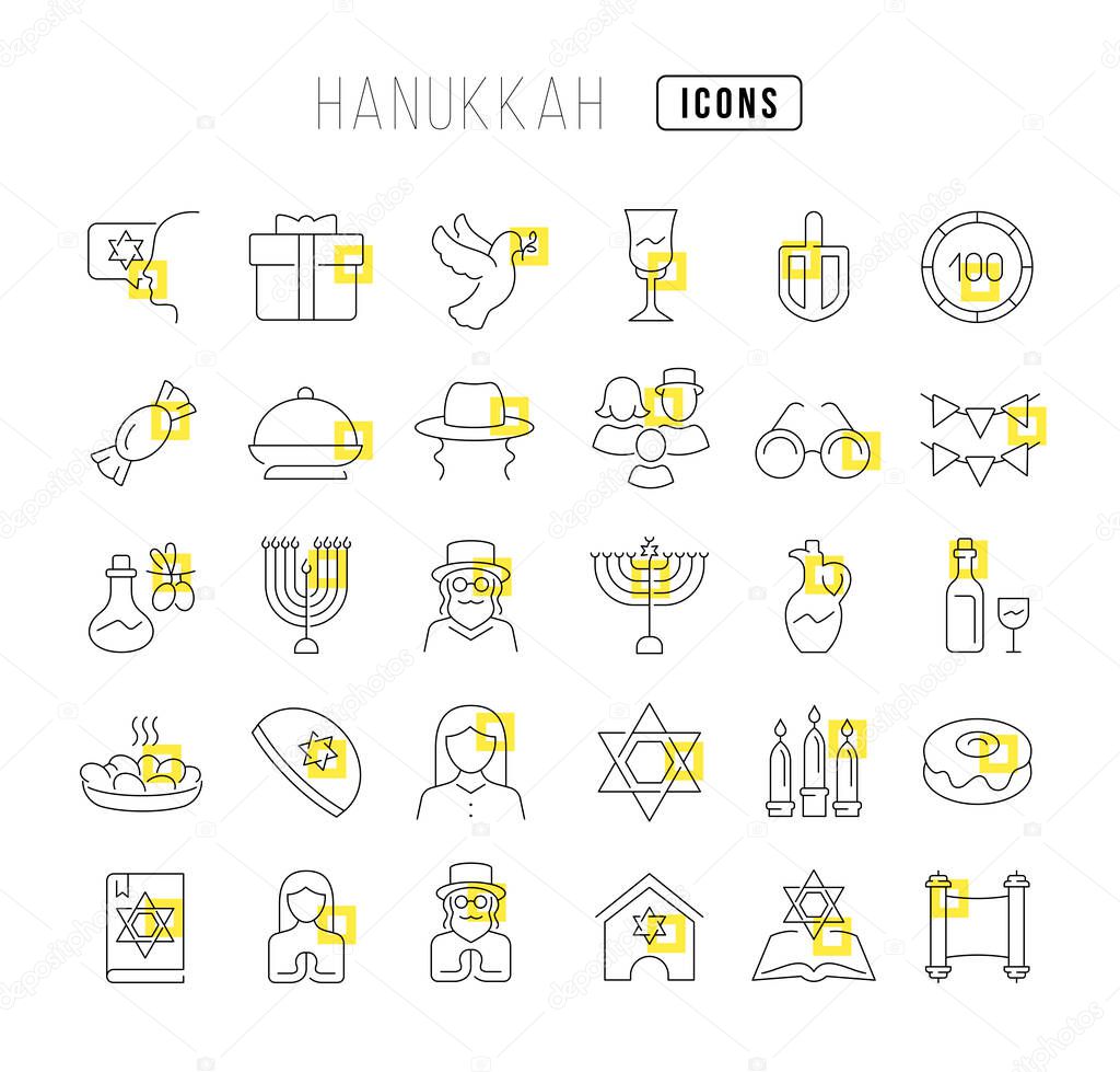 Set vector line thin icons of hanukkah in linear design for mobile concepts and web apps. Collection modern infographic pictogram and signs.