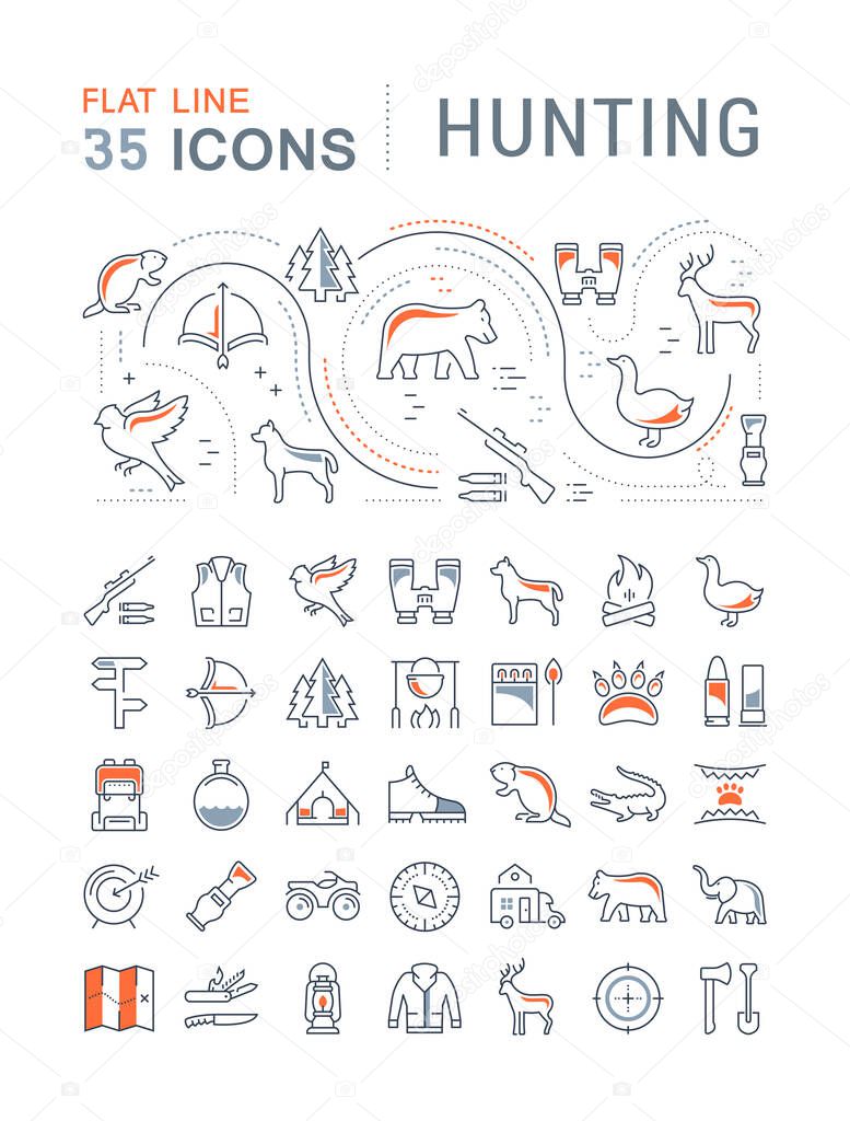 Set vector line icons, sign and symbols in flat design hunting with elements for mobile concepts and web apps. Collection modern infographic logo and pictogram.