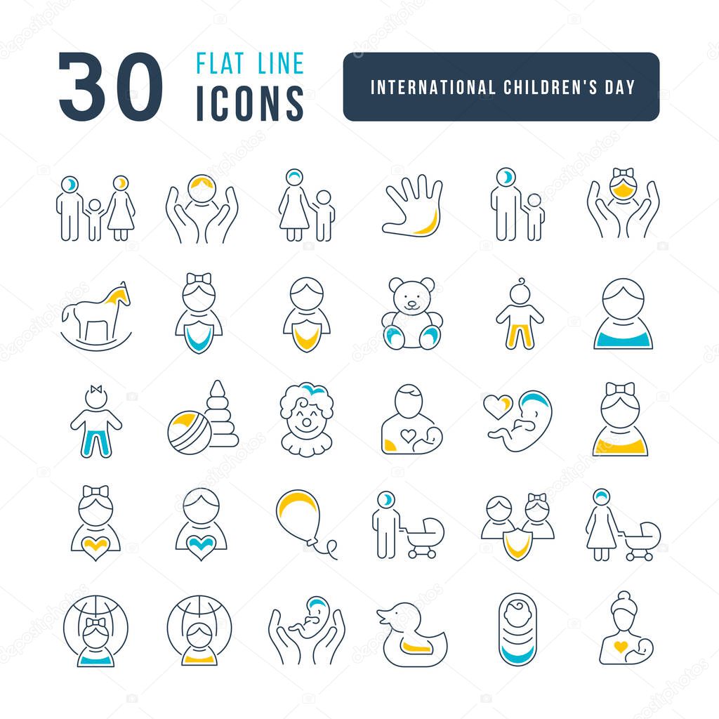 Set vector line thin icons of international childrens day in linear design for mobile concepts and web apps. Collection modern infographic pictogram and signs.