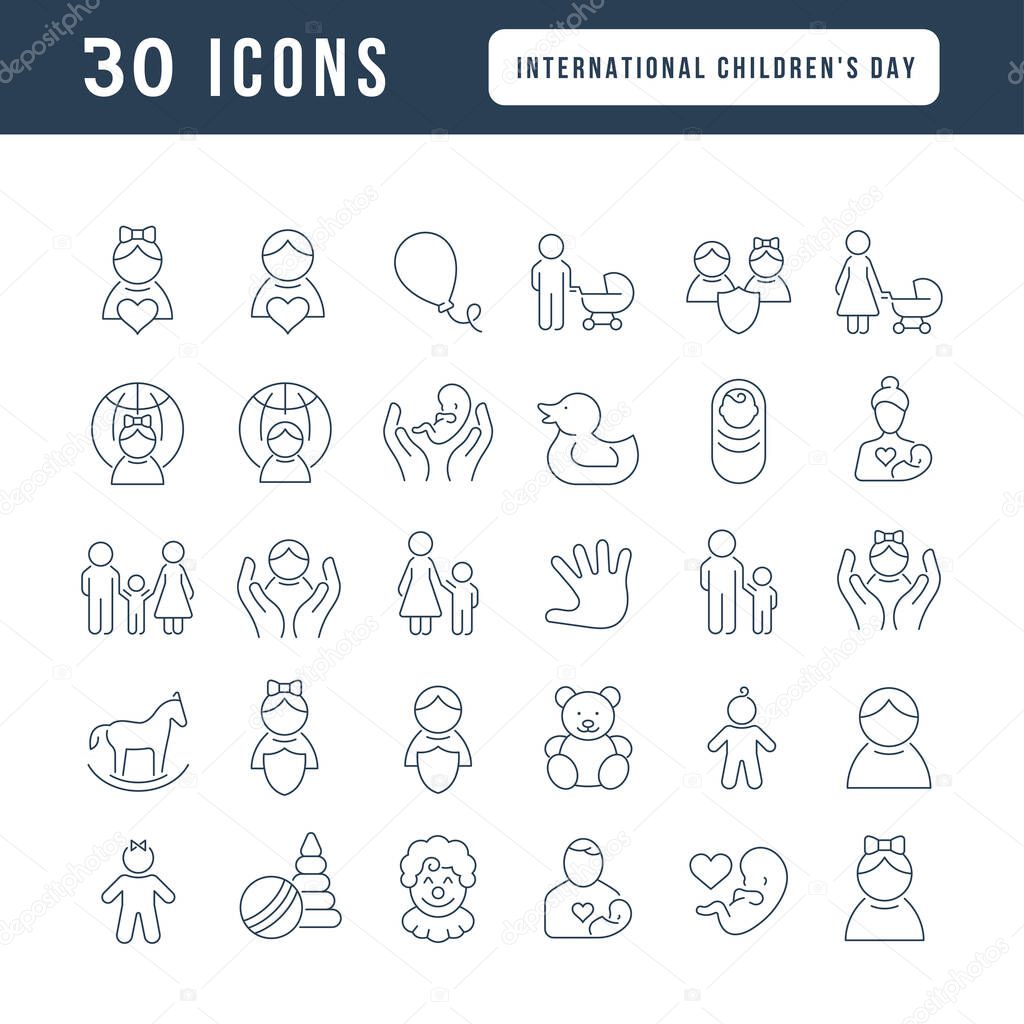 Set vector line thin icons of international childrens day in linear design for mobile concepts and web apps. Collection modern infographic pictogram and signs.