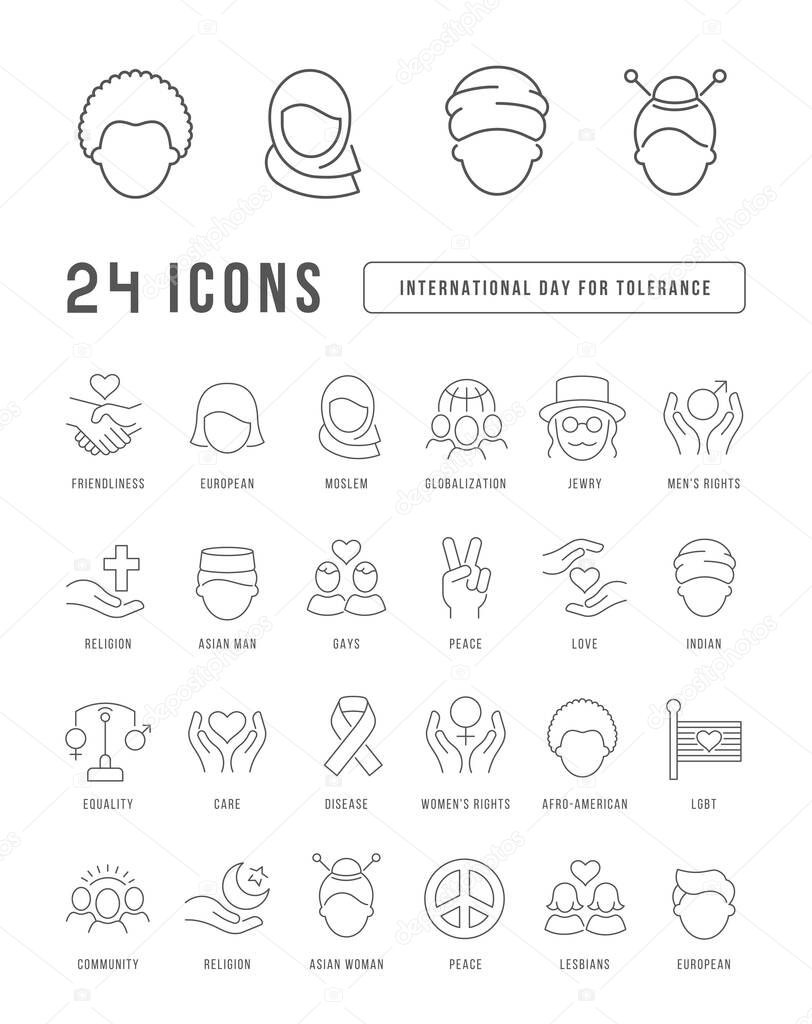 Set vector line thin icons of international tolerance day in linear design for mobile concepts and web apps. Collection modern infographic pictogram and signs.