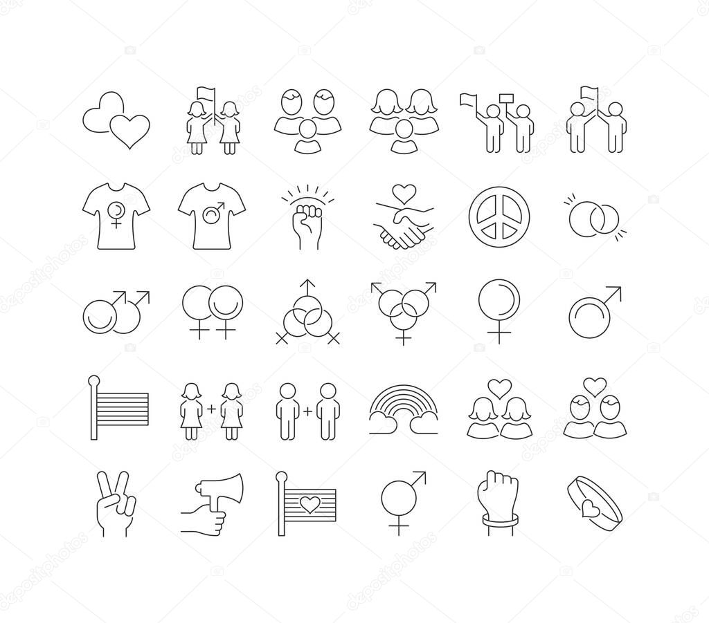 Set vector line thin icons of international day LGBT in linear design for mobile concepts and web apps. Collection modern infographic pictogram and signs.