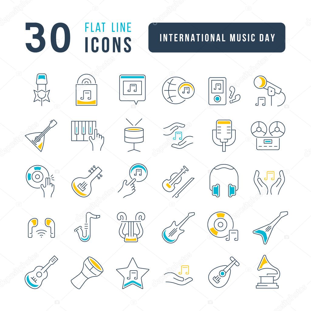 Set vector line thin icons of international music day in linear design for mobile concepts and web apps. Collection modern infographic pictogram and signs.