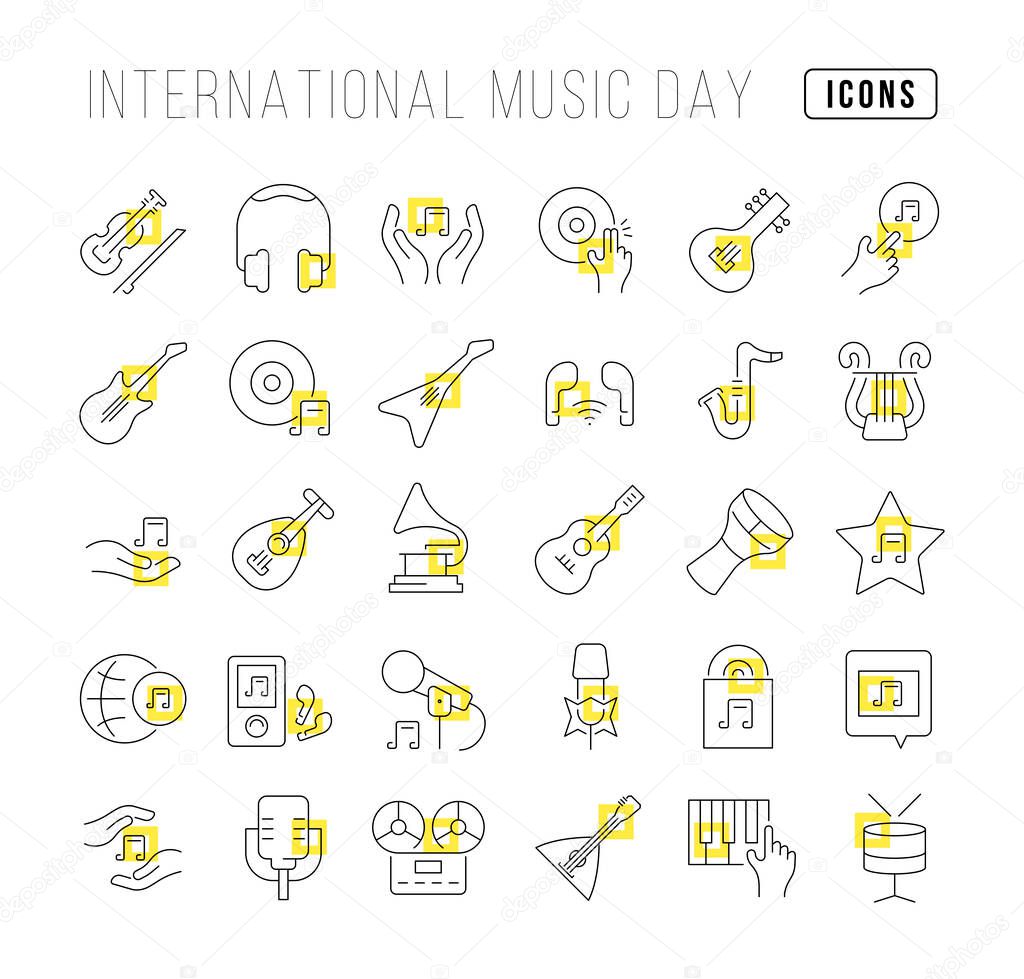 Set vector line thin icons of international music day in linear design for mobile concepts and web apps. Collection modern infographic pictogram and signs.
