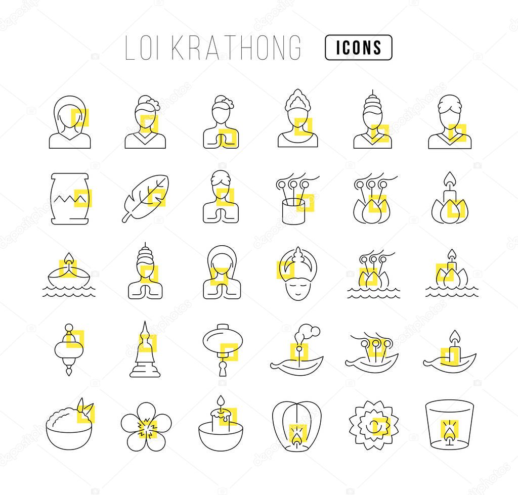 Set vector line thin icons of loi krathong in linear design for mobile concepts and web apps. Collection modern infographic pictogram and signs.