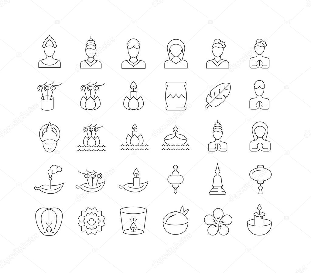 Set vector line thin icons of loi krathong in linear design for mobile concepts and web apps. Collection modern infographic pictogram and signs.