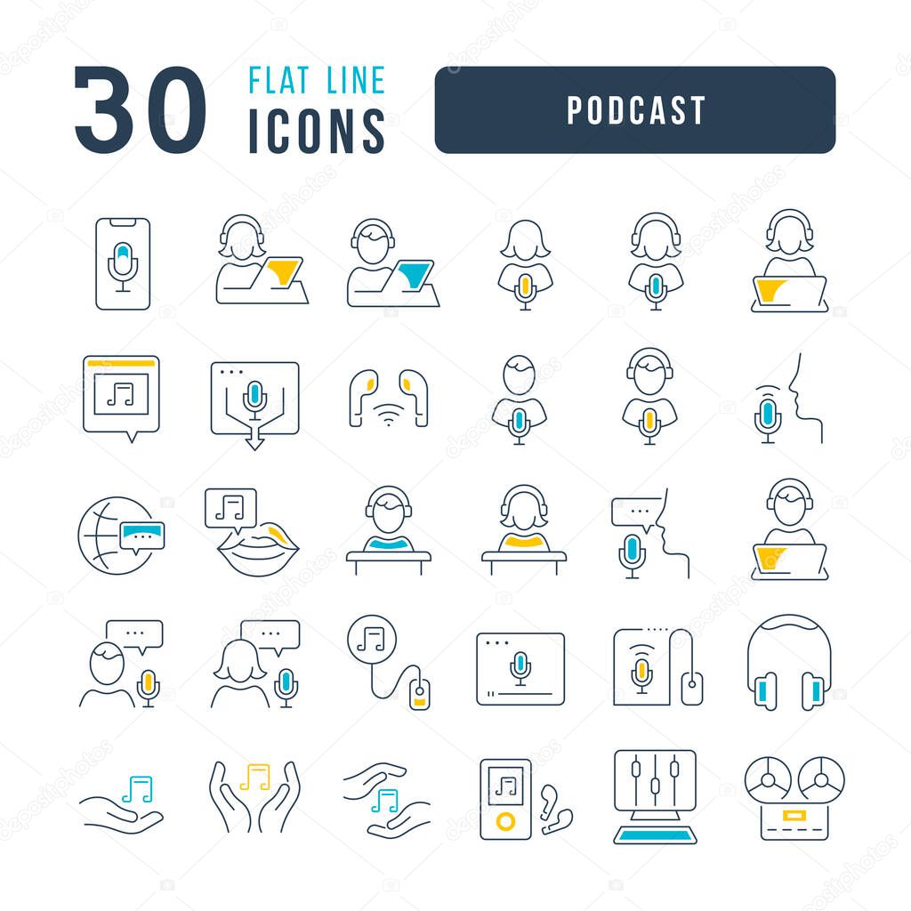 Set vector line thin icons of podcast in linear design for mobile concepts and web apps. Collection modern infographic pictogram and signs.