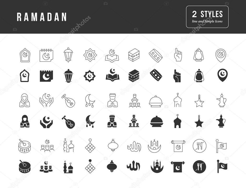 Collection of vector black and white icons of ramadan in simple design for mobile concepts, web and applications. Set modern logos and pictograms.