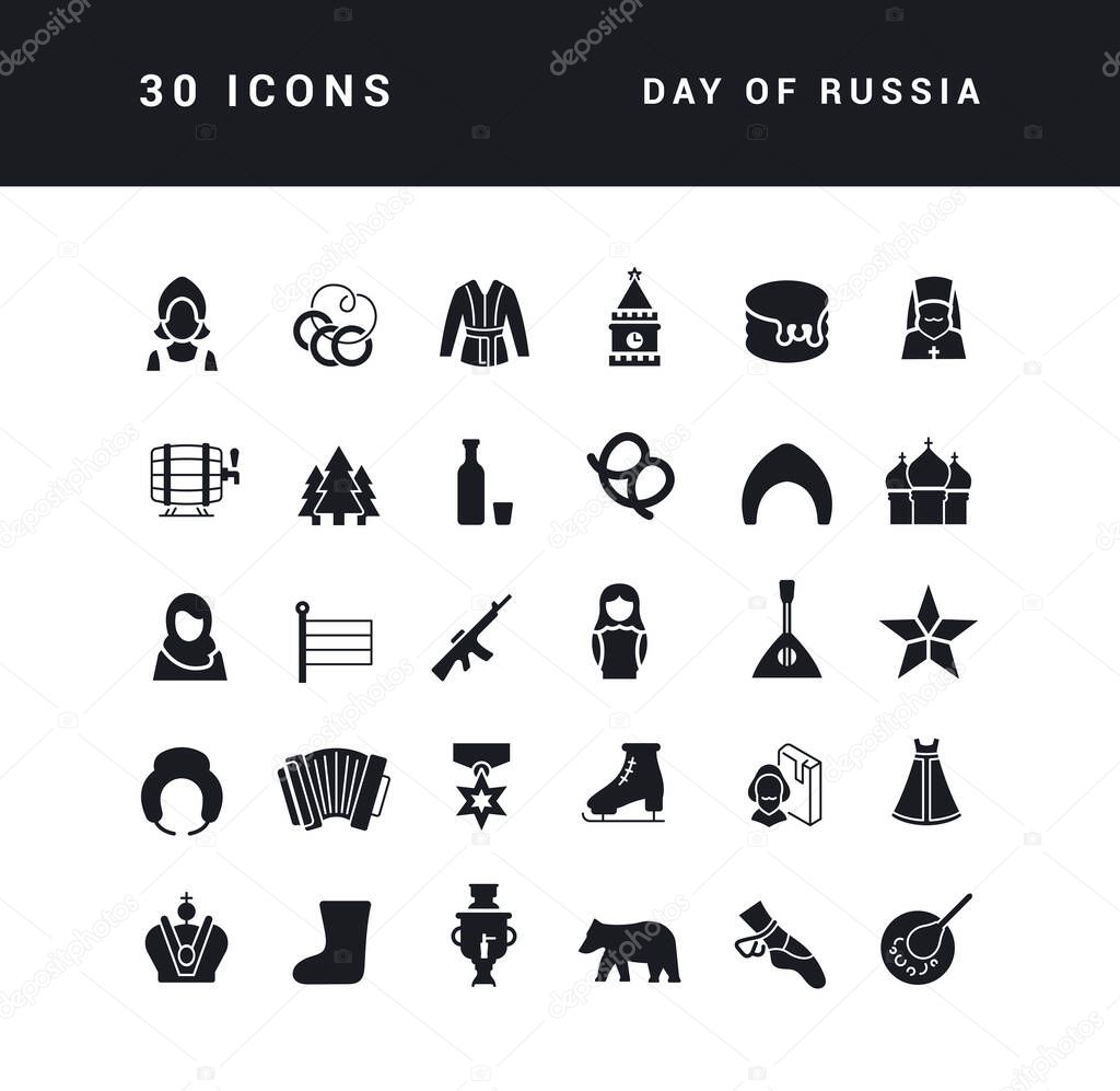 Collection of vector black and white icons of day of russia in simple design for mobile concepts, web and applications. Set modern logos and pictograms.