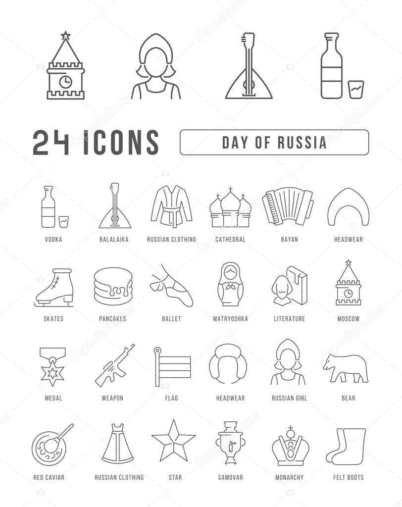 Set vector line thin icons of day of russia in linear design for mobile concepts and web apps. Collection modern infographic pictogram and signs.